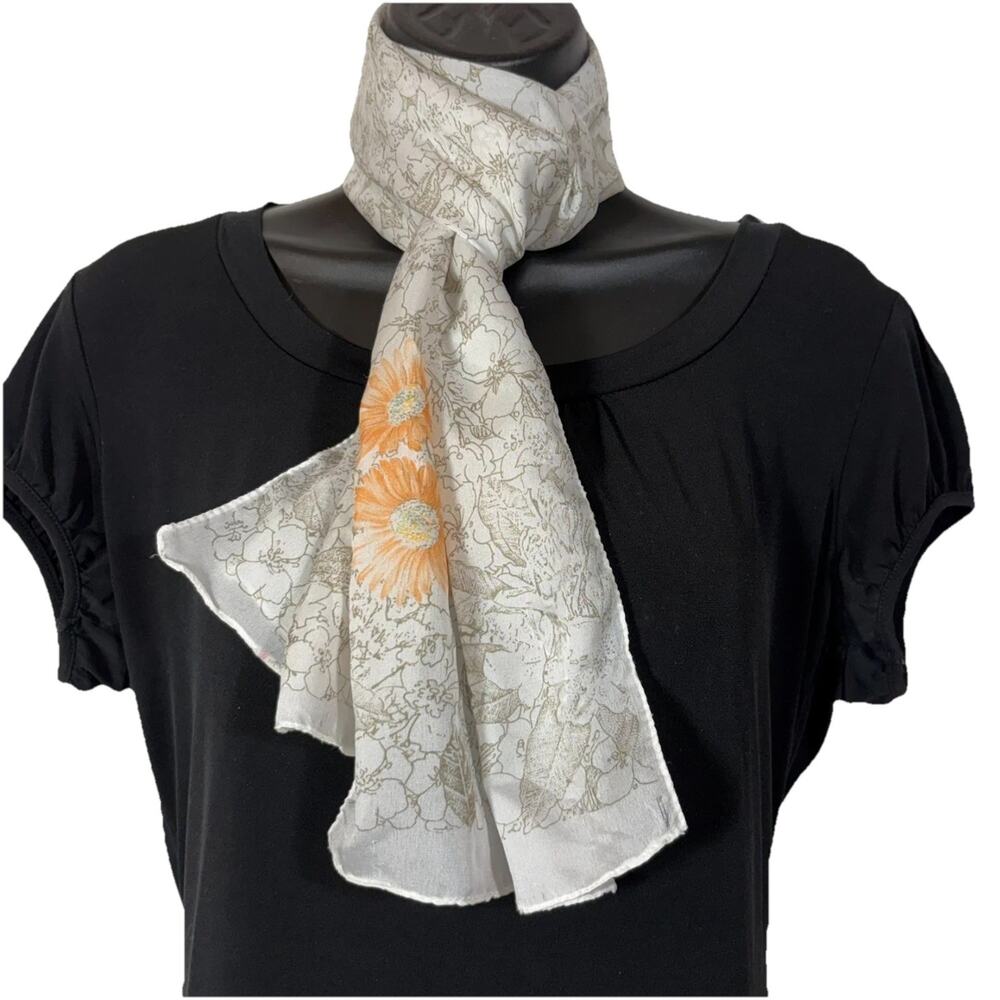 SemiSheer Rectangle Scarf Floral White Tan Orange Vintage Retro